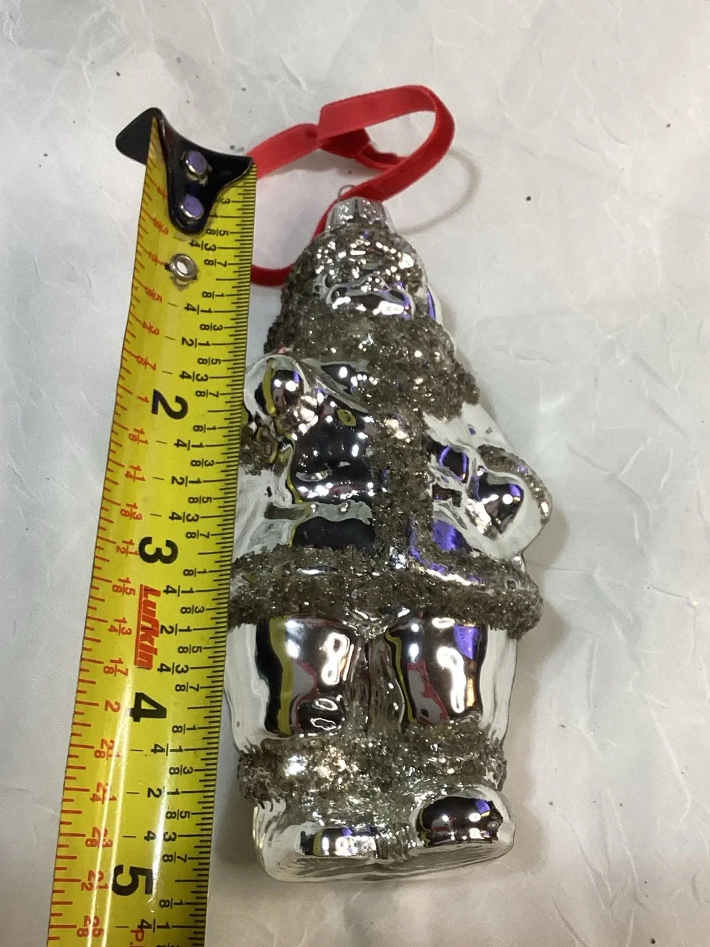 Silver Mercury Glass Glitter Santa Ornament Red Velvet Ribbon 5.5